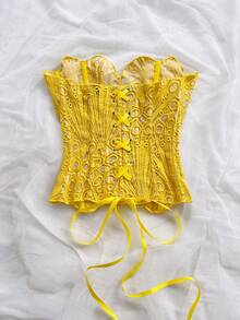 Soleia Áo corset ren hai lớp ôm sát, gợi cảm, phong cách tiên phong, hở vai, dành cho giới trẻ châu Âu và Mỹ, kết hợp với áo định hình INS màu trắng thêu rỗng, trang phục dự tiệc đêm cho phụ nữ. - Màu vàng - Xem 2