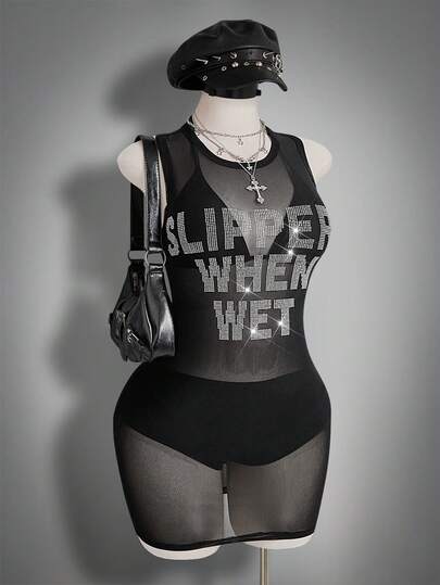 SHEIN ICON 大码女式水钻装饰黑色网纱连衣裙
