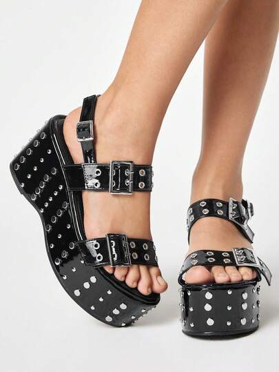 ROMWE Grunge Punk Giày sandal đế xuồng đính kim tuyến, khóa cài nhọn dành cho nữ.