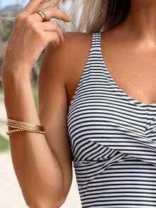 Swim Lushoire 女士夏季度假休闲沙滩套装，海军蓝条纹印花三件套，包括吊带背心、比基尼上衣和泳裙 - 黑色 - 查看 4