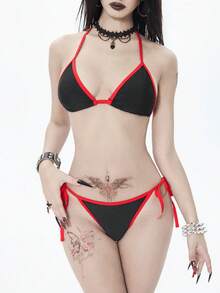 ROMWE Goth 女士休闲度假沙滩派对优雅骷髅印花比基尼罩衫三件套泳装，新款夏季狂欢内衣哥特式比基尼朋克比基尼角色扮演服装，女士上衣哥特骷髅上衣海盗上衣女士骷髅泳衣海盗泳装哥特泳衣女士骷髅比基尼尊巴上衣女士骷髅服装 - 彩色 - 查看 5