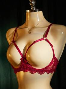 SpicyHot Bộ đồ lót ren khoét rỗng có gọng dành cho nữ, gồm áo ngực và quần lọt khe, gợi cảm và quyến rũ. - Màu Đỏ Sâu - Xem 8