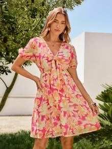 KARISMINA Women's V-Neck Abstract Pink Floral Floral Print Midi Dress,Front Tie Puff Short Sleeve Elastic Waist A-Line Sundress For Summer Boho Tropical Beach - Baby Pink - View 1