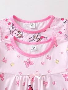 2-Piece Girls Toddler Round Neck Short Sleeve Nightgowns,Cute Rabbit And Bear Print Soft Knit Sleepwear,Fairy,Family Matching,Holiday,Pink Ruffle Hem - Baby Pink - View 4