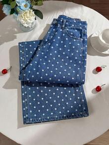 SHEIN Comfortcana Quần jeans nữ kiểu dáng thường ngày, họa tiết chấm bi, túi xéo. - Rửa nhẹ - Xem 6