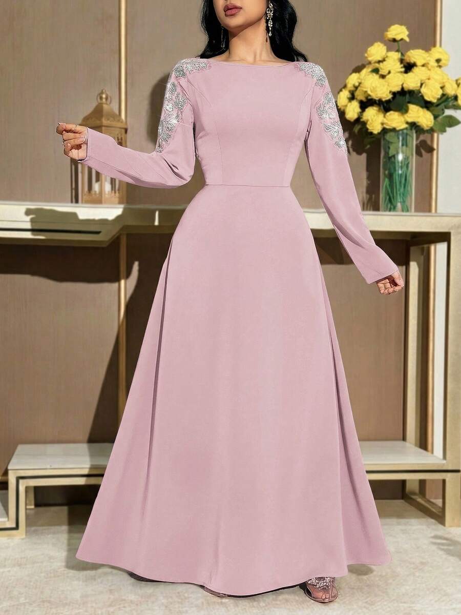 Modelyn 女士优雅花卉刺绣长袖连衣裙,适合晚宴等场合 - 藕粉色 - 查看 1