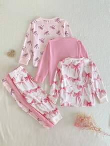 Conjunto de 6 piezas de pijama para niñas, top de manga larga con estampado de moño minimalista y moño 3D, y pantalones, conjunto de ropa de dormir - Multicolor - Ver 2