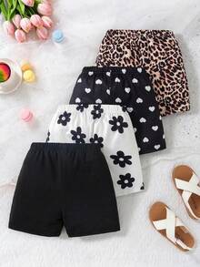 Bộ 4 quần short bé gái, quần dài mùa hè nhẹ nhàng cho trẻ em, họa tiết hoa, trái tim, da báo đa năng, kiểu dáng ngọt ngào và dễ thương, chất liệu vải dệt kim, mềm mại và thoải mái. - Nhiều màu - Xem 2
