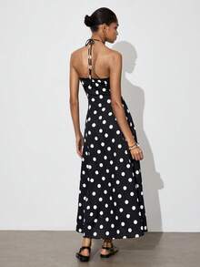 Gossip Girl X SHEIN SHEIN Maija Đầm nữ thời trang in chấm bi đính cườm, cổ yếm buộc dây. - màu đen - Xem 2