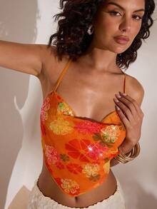 Opulessa 女士吊带露背亮片上衣，适合春夏度假 - 橘色 - 查看 7