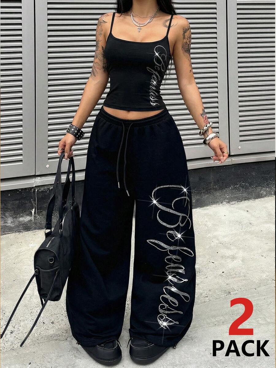 SHEIN Coolane 女士夏季街头休闲装 比赛日学院风 返校朋克风 基本款 闪光图案 黑色背心和阔腿运动裤 带口袋 家居服套装 两件套 - 黑色 - 查看 1