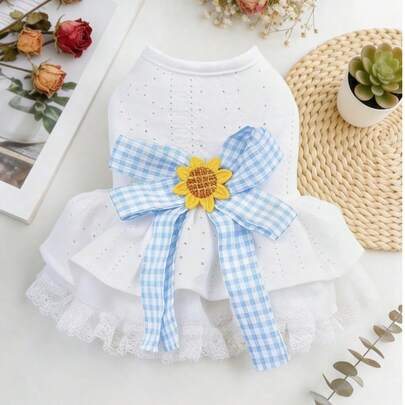 PETSIN 1pc Cat And Dog Universal Clothes, Sunflower Plaid Bow Pet Skirt Cute Hollow Lace White Small Dog Dress