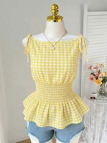 Comfortcana Áo kiểu cỡ lớn phong cách Boho kẻ caro không tay, viền bèo nhún - Màu vàng - Xem 6