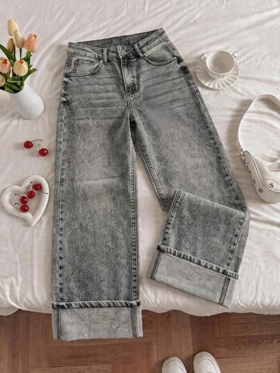 Jeans dama denim tiro alto corte recto dobladillo ancho largo elegante casual uso diario primavera verano moldeador moderno