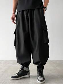 PAVTROS 男士宽松工装口袋抽绳腰七分哈伦裤 - 黑色 - 查看 3