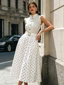 Balvessa Elegant Polka Dot A-Line Skirt For Commuting - White - View 4