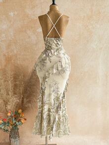 Soleia 女士彩色复古印花垂褶领口层叠荷叶边连衣裙，适合度假穿着 - 淡黃色 - 查看 2