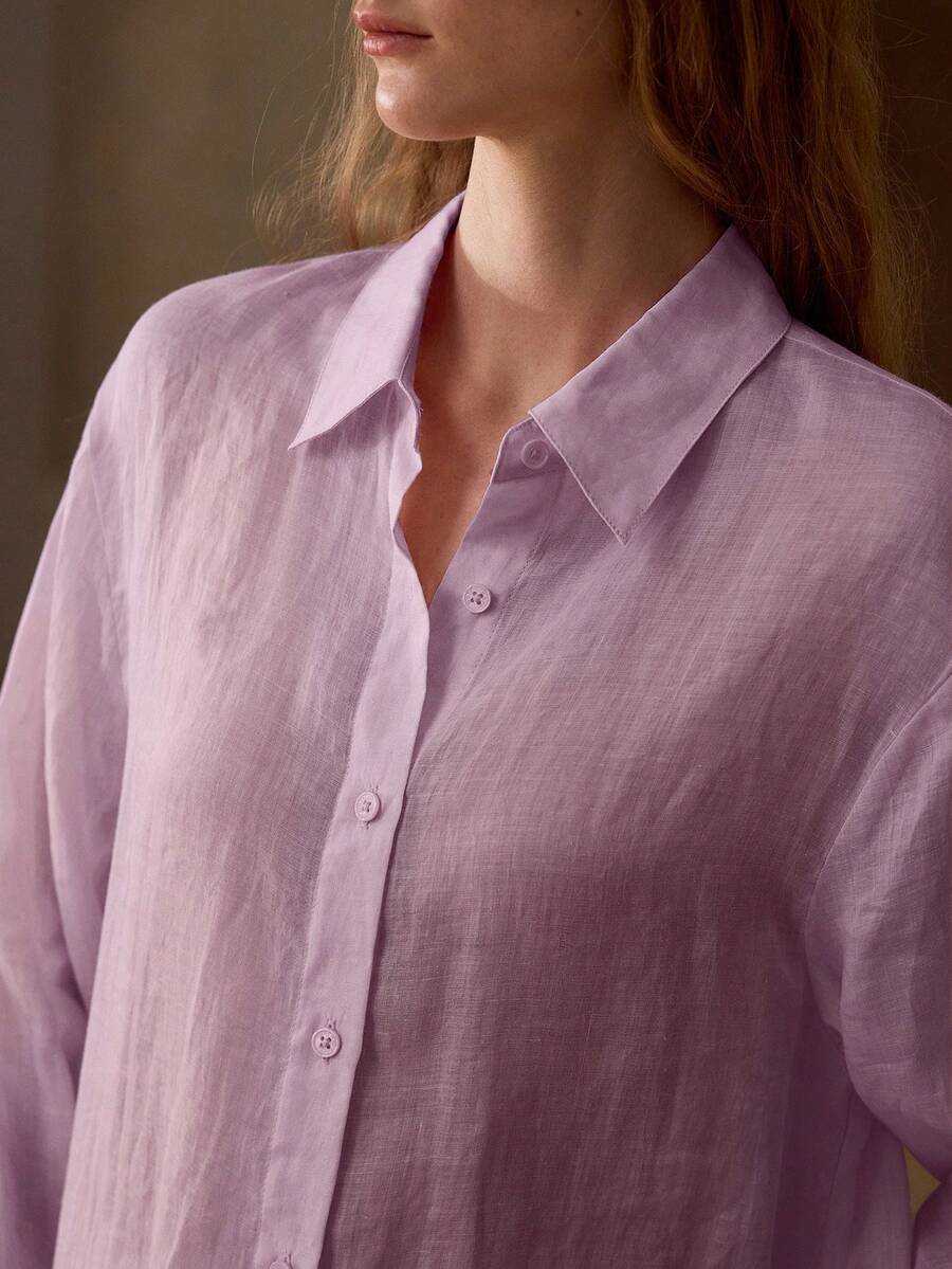 MOTF PREMIUM WOMEN'S 100% LINEN LONG SLEEVE SHIRT, SUITABLE FOR DAILY, DATING AND COMMUTING, SPRING/SUMMER - Purple - View 2