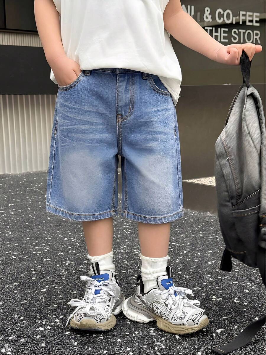 SHEIN 男童夏季复古水洗猫须宽松蓝色牛仔百慕大短裤,男童春夏街头服饰及春假穿搭 - 中等水洗藍 - 查看 1