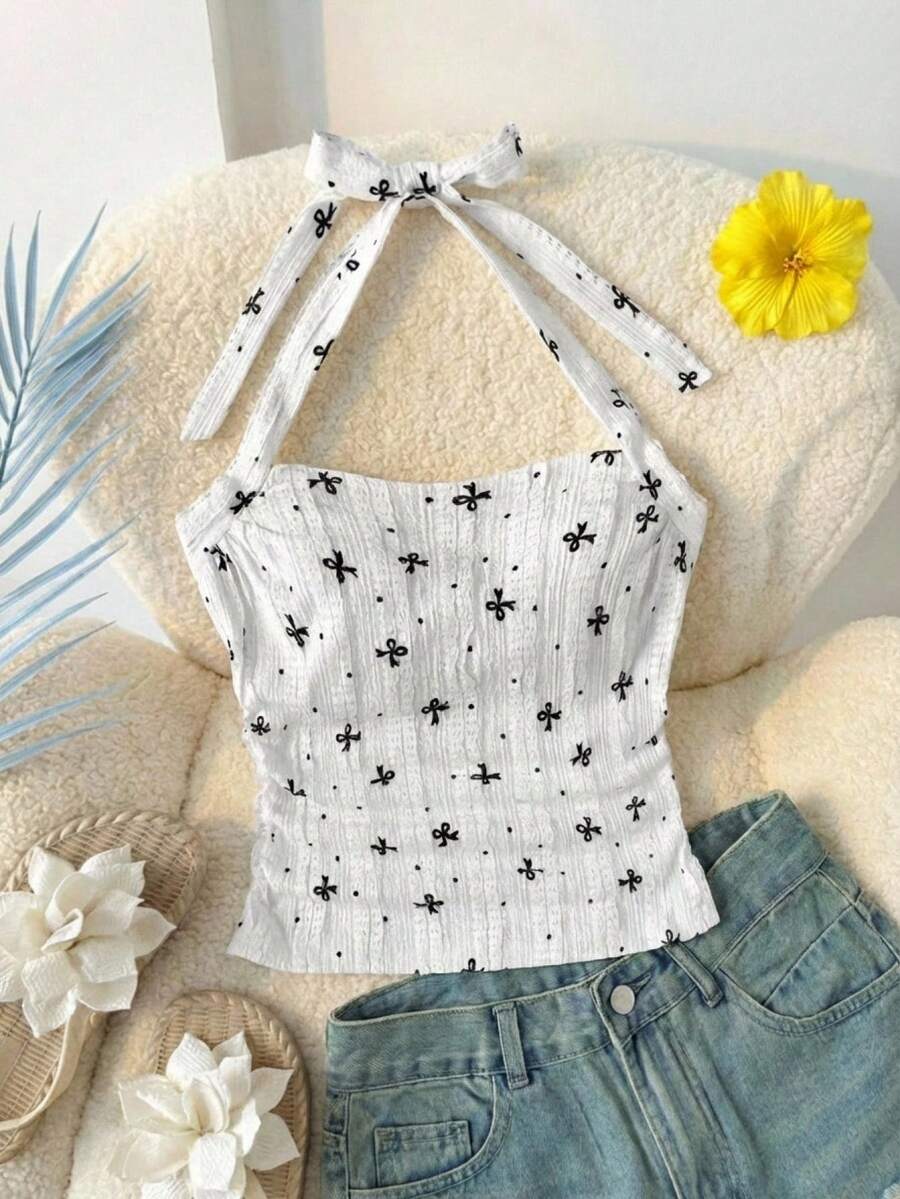 SHEIN Tween Girl Knit Printed Halter Waist Ruched Fitted Fashionable Camisole, Suitable For Spring/Summer Seasons, Party, Afternoon Tea, Carnival, Beach Cruise - White - View 1