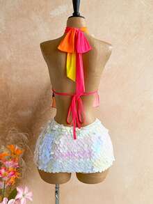 Soleia Blusa sexy y versátil para citas y salidas con escote halter, espalda descubierta, parches de colores y volantes en el bajo - Multicolor - Ver 2