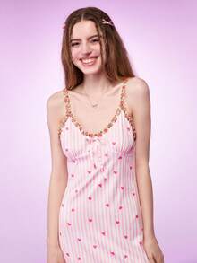 Notgurli Cute Ruffled Hem Heart Print Embroidered Floral Strap Women Nightgown - Pink - View 9