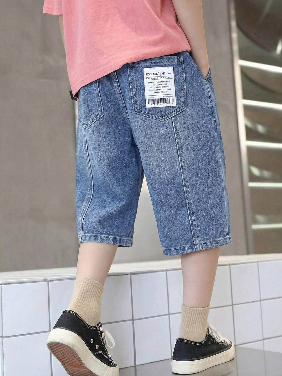 SHEIN Pantalones cortos vaqueros básicos y sencillos, de corte holgado y cómodo, con detalles de parches, en color azul, para uso diario, ideal para adolescentes, en verano y primavera, para festivales y la playa - Azul - Ver 1