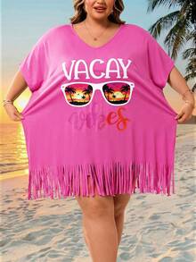 SHEIN CURVE+ Áo khoác ngoài dáng rộng in họa tiết cổ chữ V, cỡ US22, phong cách Bohemia, thích hợp cho lễ hội âm nhạc, kỳ nghỉ biển, kỳ nghỉ hè. - Màu Hồng Tươi - Xem 4