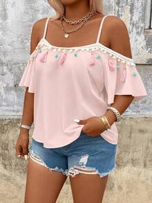 Breezaya Plus Size Solid Color Fringe Splice Off-Shoulder Casual Vacation Blouse For Women, Spring/Summer Blouse For Women Summer Cute Tops For Women Summer Casual Blouses For Women Girly Tops For Women - Pink - View 3