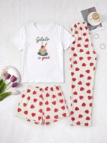 Cotton Line Women Casual Gelato Pattern Round Neck Short Sleeve Top& Strawberry Printed Comfy Shorts And Long Length Pants - Red - View 4