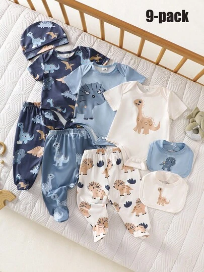 Bộ 9 món cho bé sơ sinh: áo liền quần, quần, mũ, yếm, họa tiết khủng long hoạt hình, đơn giản, thoải mái, mềm mại, phù hợp mặc trong nhà và ngoài trời, mùa hè.