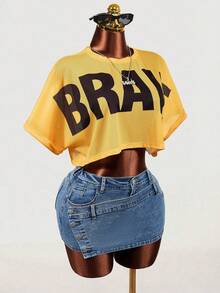 Mistrie2026 Summer New Retro Street Letter Print Casual Breathable Mesh Short Navel-Baring Short-Sleeved T-Shirt, Suitable For Yoga, Exercise, Running, Y2K Streetwear Yellow Top Blouse Yellow Outfits For Women Women S Tops And Blouses Rave Top Rap Concert Outfit Women Mesh Top Graphic Tees Women Streetwear Crop Top Rave T Shirt Yellow Summer Outfit Yellow T Shirt For Women - Yellow - View 4