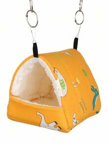 1 chiếc ổ ngủ hình tam giác bằng vải lông cừu ấm áp in hình hoạt hình dành cho vẹt, chuột hamster, chinchilla, sóc, thích hợp cho thú cưng ngủ vào mùa thu đông. - Màu vàng - Xem 4