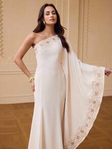 ZEYLAH Women's Elegant Party Floral Embroidered One-Shoulder Arabic Style Dress - Beige - View 4