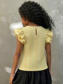 SHEIN Genkimix Kids Blusa de manga de vuelo de unicolor casual de verano para niña joven - Amarillo - Ver 4