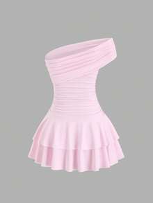Sweetra Women's Spring/Summer Elegant Commuter Dress, Pink Ruched Waist Double-Layer Ruffle Hem Mini Dress - Pink - View 2