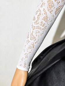 SHEIN Unity 黑色性感蕾丝提花长袖上衣 - 白色 - 查看 5