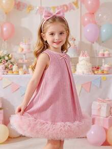 SHEIN Glamorique Kids 一件少女婚礼花童优雅无袖连衣裙，适合婚礼、派对、表演，夏季连衣裙，裙摆饰有花朵图案，优雅高贵，适合宴会和舞台表演。 - 粉色 - 查看 2