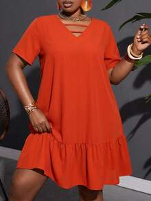 SHEIN CURVE+ Plus Size Women Solid Color Short Sleeve Ruffle Hem A-Line Loose Casual Dress Dresses For Woman Casual Plus Size Curve Dresses For Women Summer - Orange - View 11