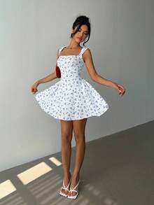 Aloruh Vestido mini elegante de mujer con cuello cuadrado sin mangas y estampado de cerezas, para verano - Celeste - Ver 3