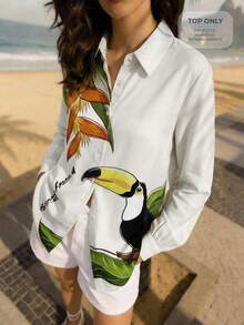 CAJUNI Women's Summer Vacation Beach Tropical Plant Print Button Front Shirt, Shirts For Women Casual - Beige - View 1