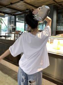 DAZY 女士休闲卡通印花宽松落肩T恤，适合夏季日常通勤 - 白色 - 查看 8
