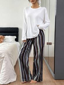SHEIN 清新圆领长袖直筒条纹裤女士睡衣套装 - 彩色 - 查看 3