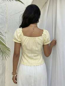 Modelyn Yellow Cotton Puff Sleeve Shirt With Frill Trim - Yellow - View 6