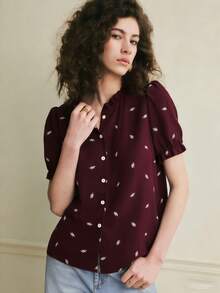 Écloséra Women's French Casual Vacation Ruffled Collar Petal Sleeve Textured Soft Fabric Blue Shirt, Spring/Summer - Burgundy - View 5