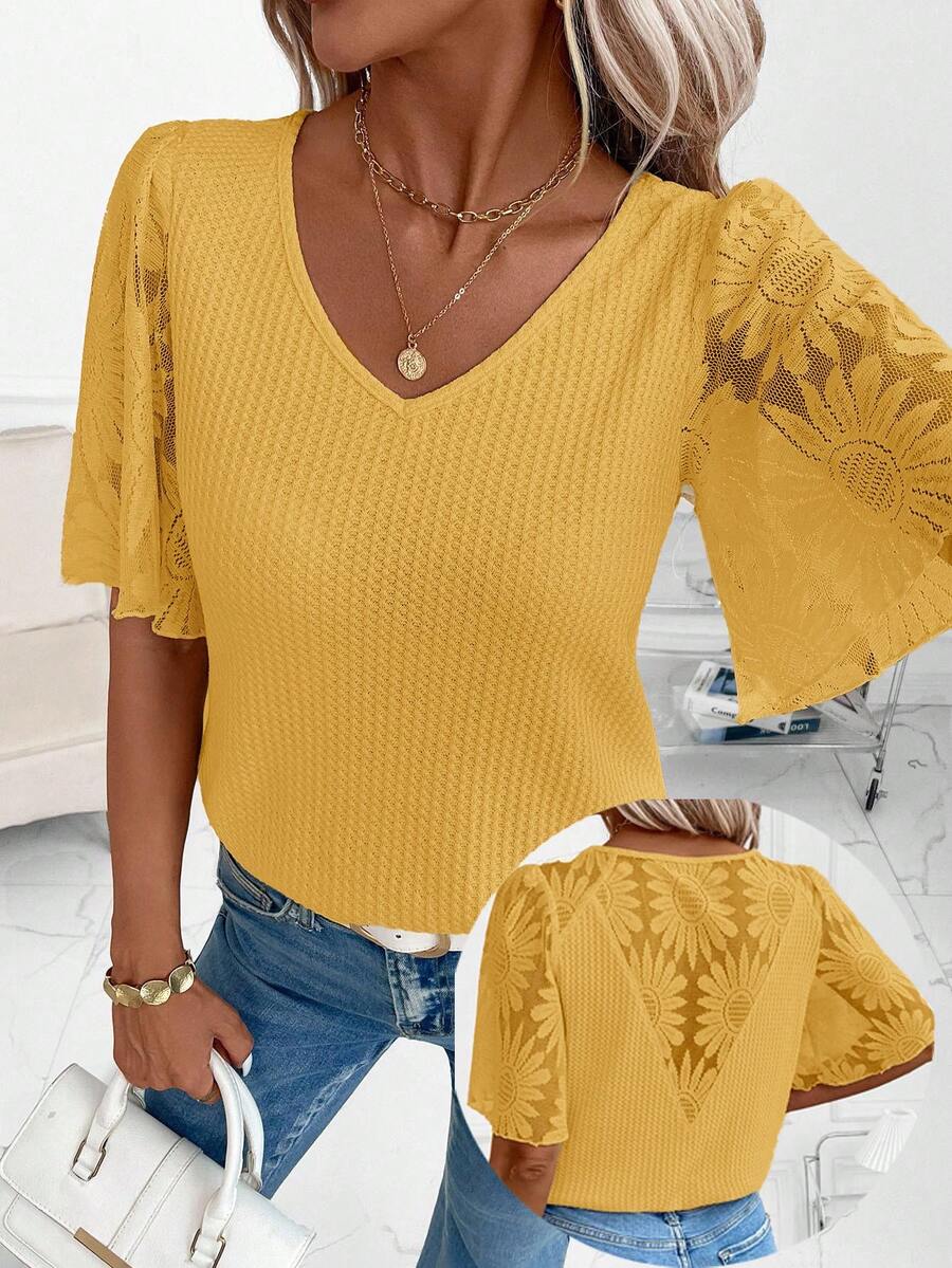 SHEIN Clasi Women's New Elegant Waffle Knit Patchwork Ruffle Sleeve T-Shirt, Versatile For Daily Wear, Commuting And Multiple Occasions,Summer Top - Yellow - View 1