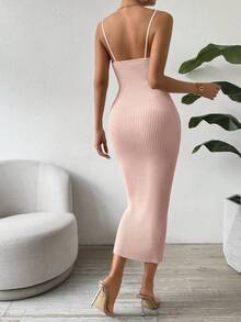 SHEIN Clasi 女士纯色优雅收腰针织吊带连衣裙，适合约会和派对穿着 - 淺粉色 - 查看 2