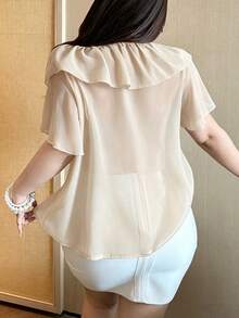 Vibekara Áo kiểu tay ngắn, cổ chữ V, màu trơn, chất liệu chiffon, dáng ôm, xuyên thấu, gợi cảm, dành cho người có vóc dáng đầy đặn. - Màu be - Xem 2