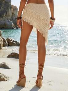 Vintage Vacation Triangle Tie Tassel Faux Crochet Knit Skirt - Apricot - View 4