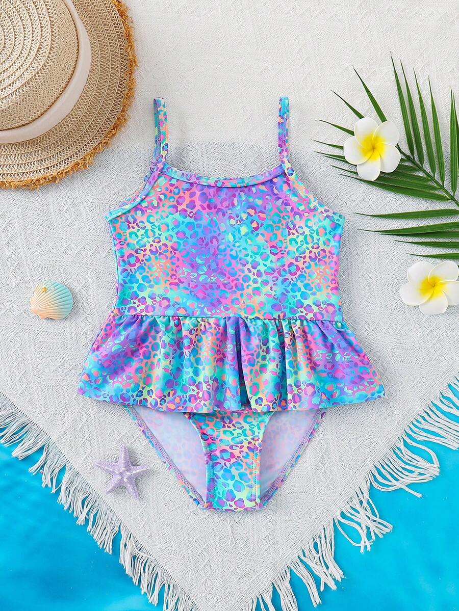 SHEIN Traje de baño de una pieza con volantes y estampado de leopardo para niña, ideal para vacaciones de verano en la playa - Multicolor - Ver 1